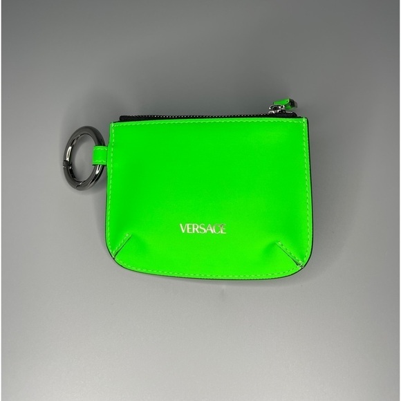 Versace Medusa Logo Neon Green Leather Keychain Pouch Wallet Unisex Bag Charm - Picture 6 of 9